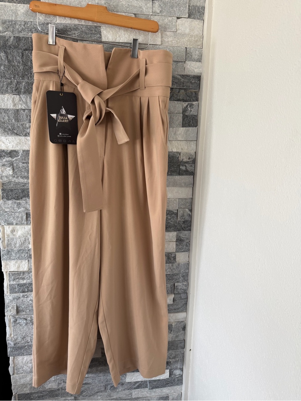 JULIA ALLERT NWT high-waisted beige wide-leg trousers Pants-Self Tie Belt-XL